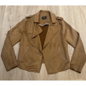 T Tahari Faux Suede Jacket Women's Small Pockets Open Front Moto Style Camel